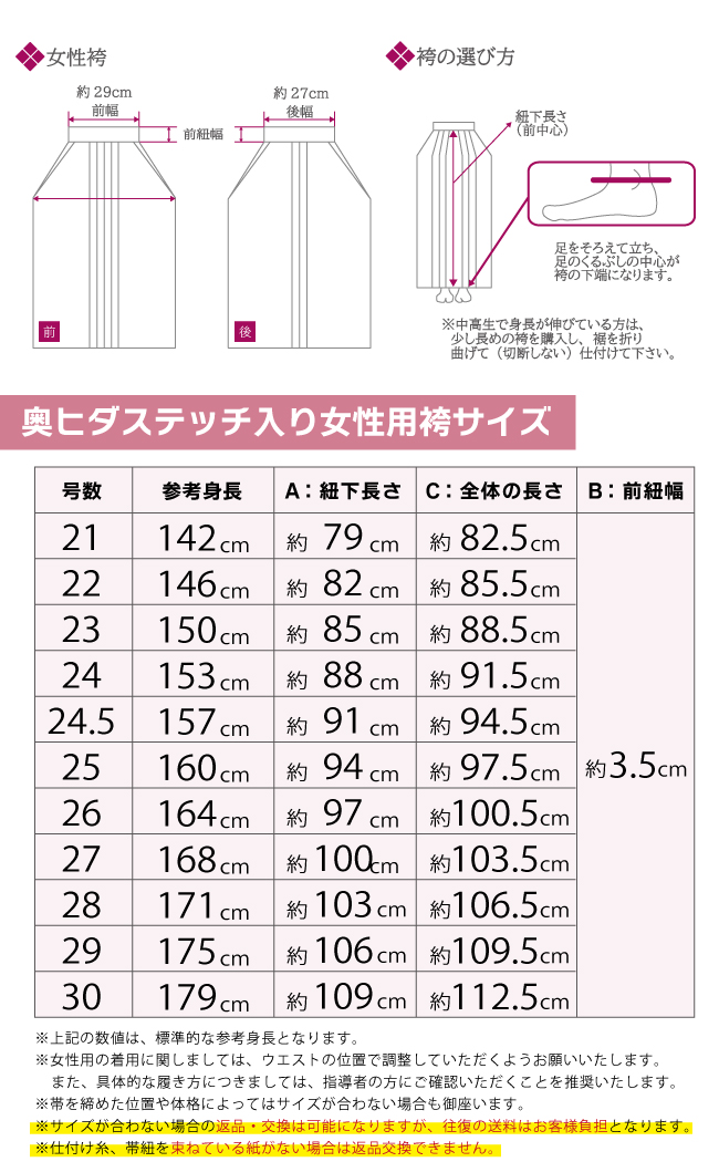 奥ヒダステッチ入り袴女性用サイズ表
