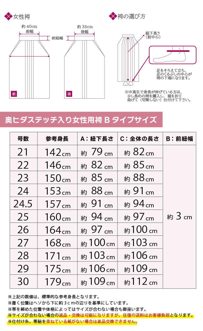 奥ヒダステッチ入り袴女性用サイズ表