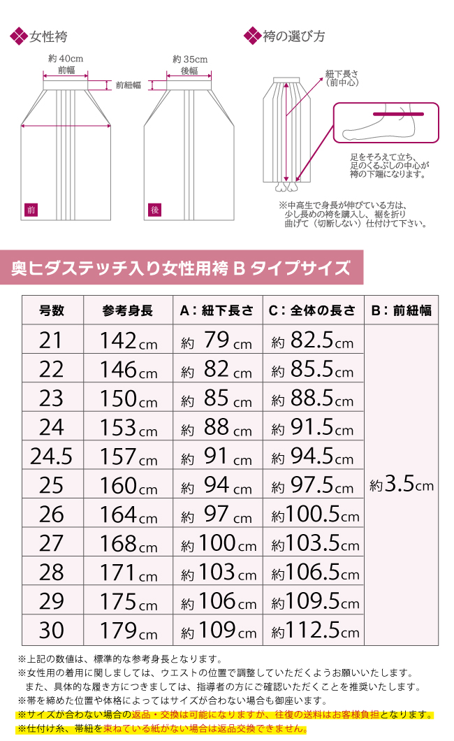 奥ヒダステッチ入り袴女性用Bタイプサイズ表