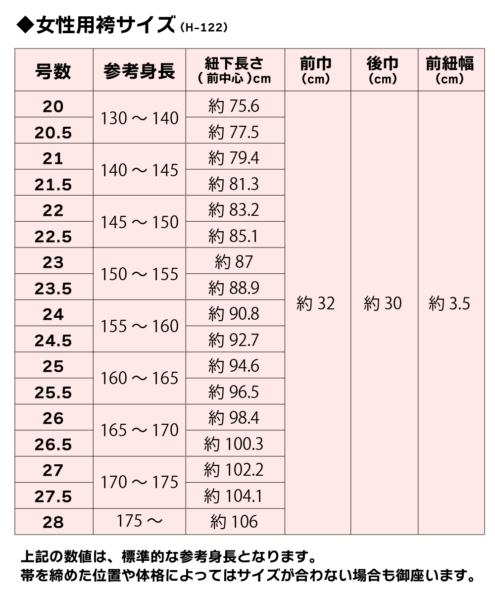 ポプリン袴サイズ表（女性）