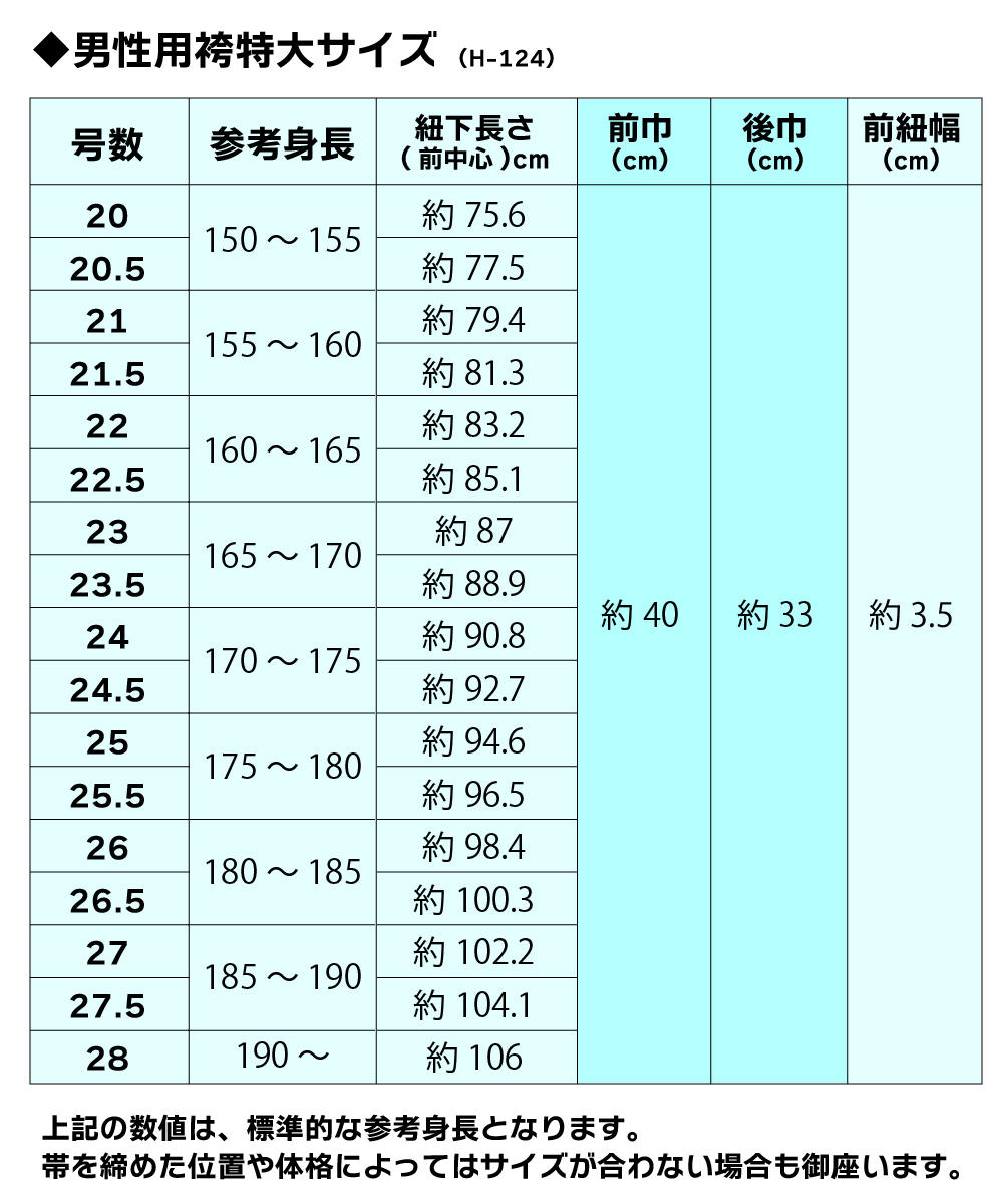 ポプリン袴サイズ表（男性）