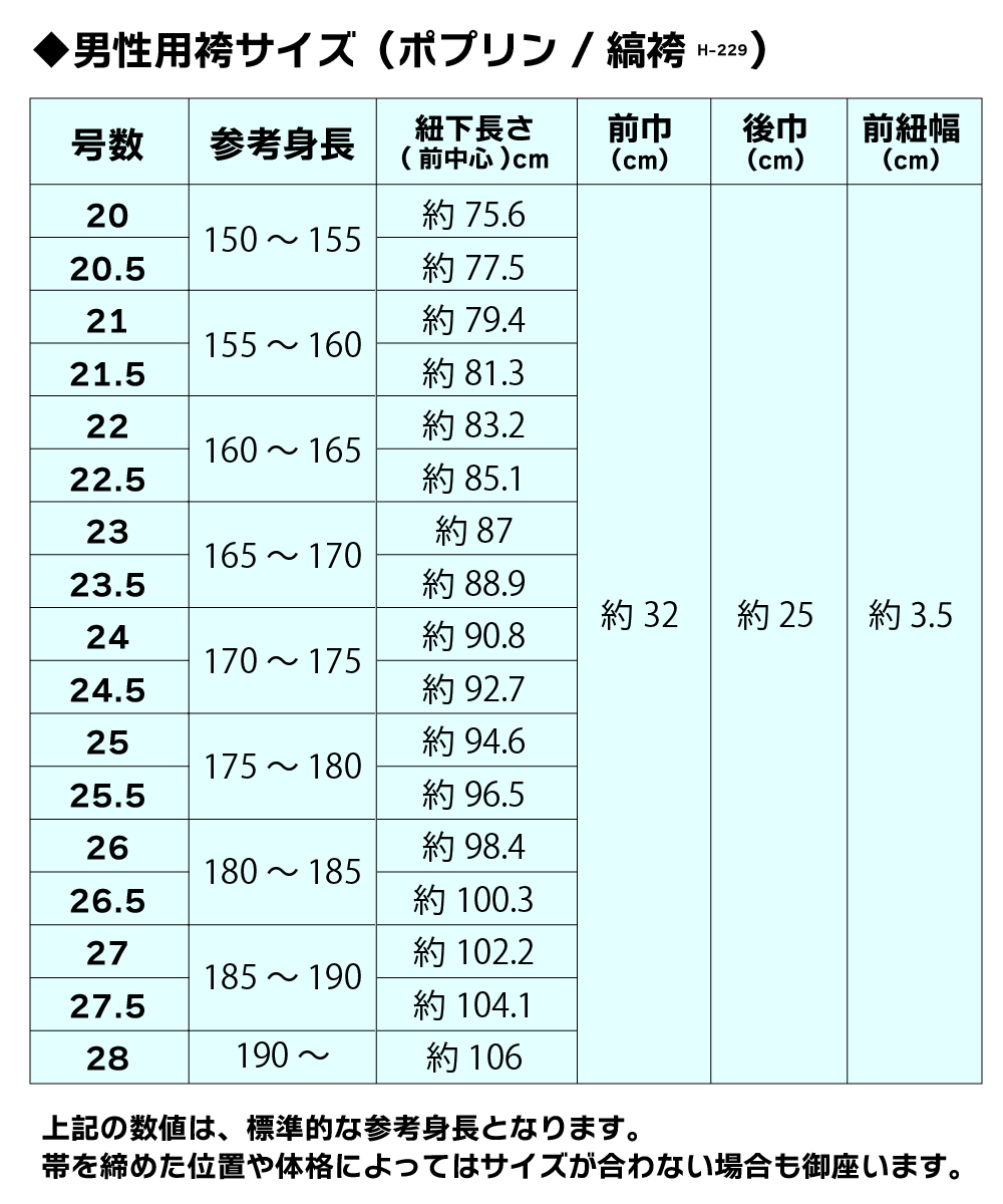 縞袴サイズ表（男性）