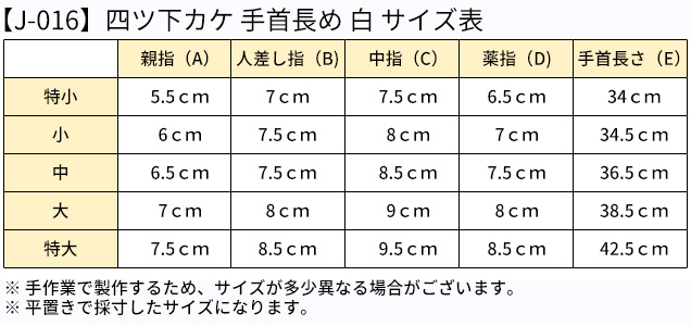 J-016四つ下カケサイズ表