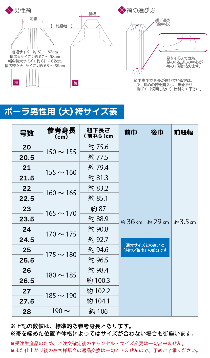 ポーラ袴（大）男性サイズ表