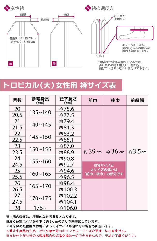 トロピカル（大）袴サイズ表